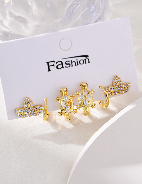 Fashion Gold Set Of 6 Copper Inlaid Zircon Turtle Leaf Earrings