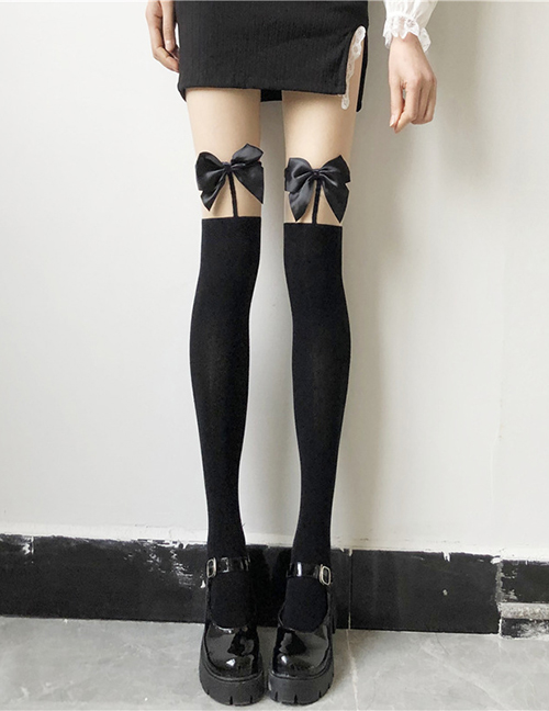Fashion Black Ribbon Knee Length Suspender Stockings