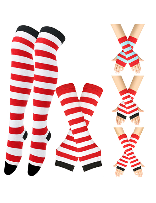Fashion Adult (hand + Foot) 25# Red White Black Strip Poly Stripe Knit Stocking Gloves