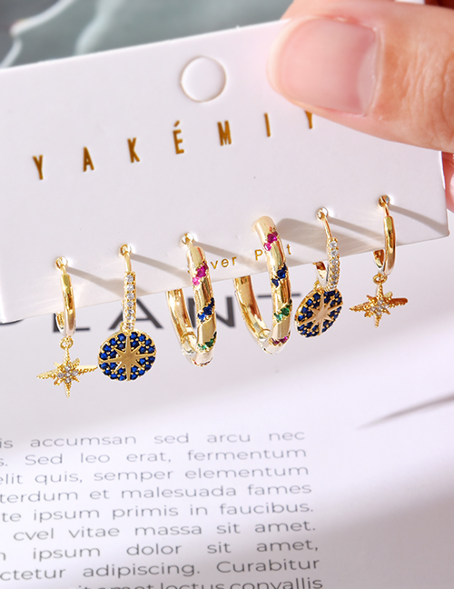 Fashion Golden 4 Set Of 6 Copper Inlaid Zircon Starburst Ring Pendant Earrings
