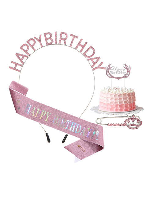 Fashion Happybirthday+pink Four-piece Set Alloy Diamond Crown Letter Shoulder Strap Brooch Cake Card Set