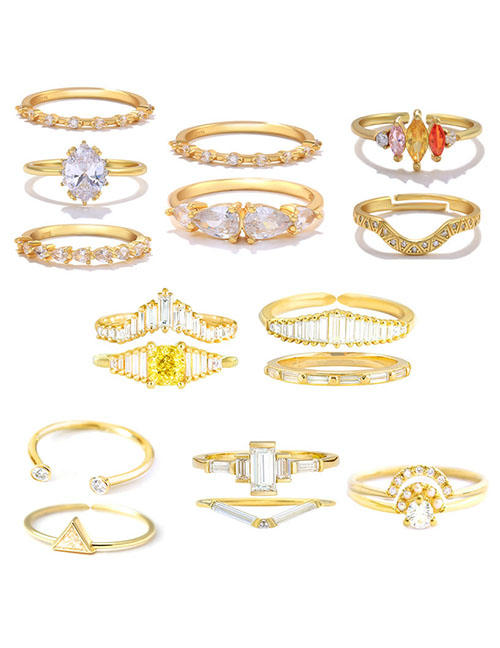 Fashion Golden 8-2 Set -7# Copper Inlaid Diamond Geometric Ring Set