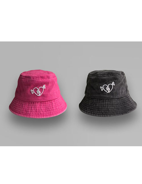 Fashion Rose Red Heart Embroidered Washed Bucket Hat