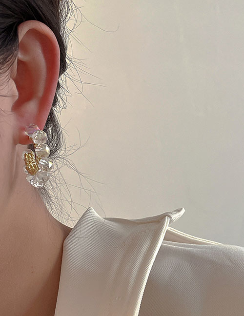 Fashion Gold Metal C -shaped Irregular Crystal Ear Ring