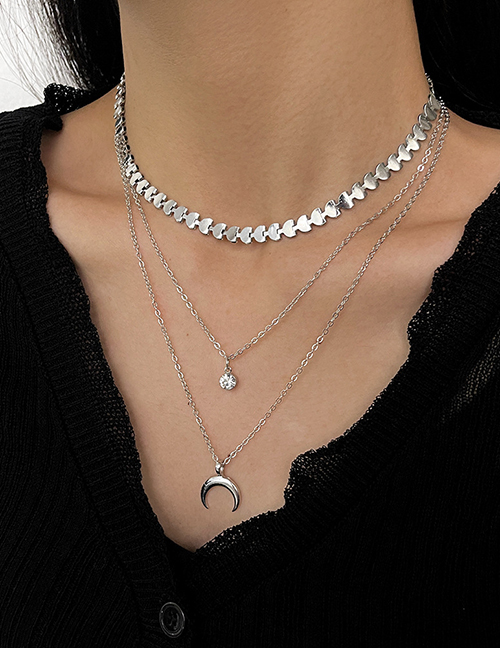 Fashion Silver Multi -layer Moon Diamond Necklace Set