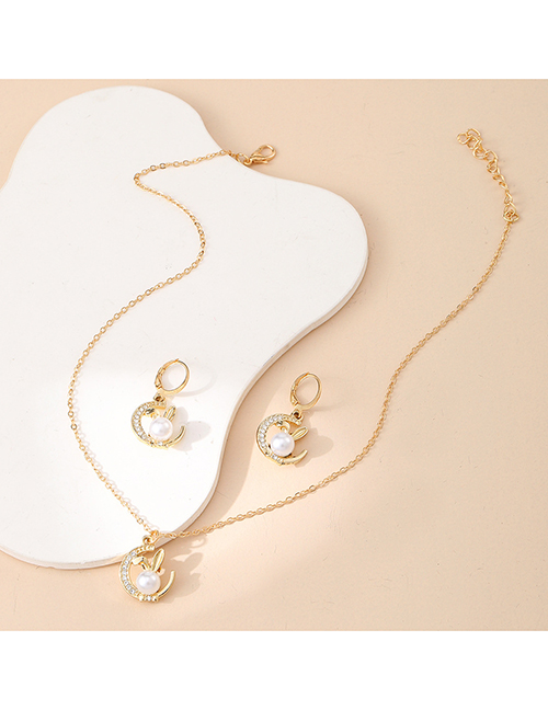 Fashion Gold Alloy Diamond Pearl Rabbit Pendant Necklace Ear Set