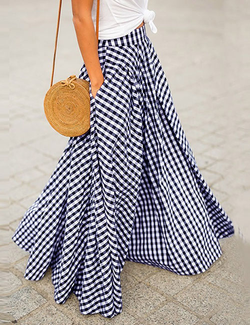 Fashion Blue Suslide Grid Skirt