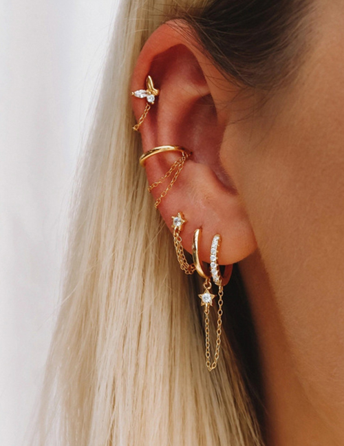 Fashion Single Golden Color Silver Diamond Pentagon Chain Ear Rings Earrings