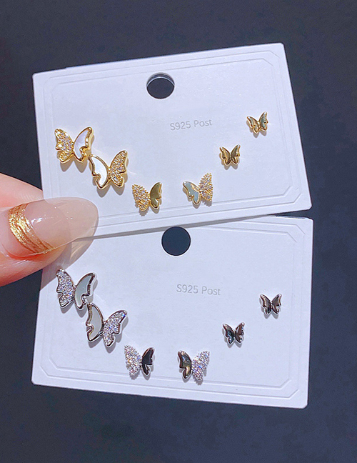 Fashion Silver Copper Inlaid Diamond Butterfly Earrings Set