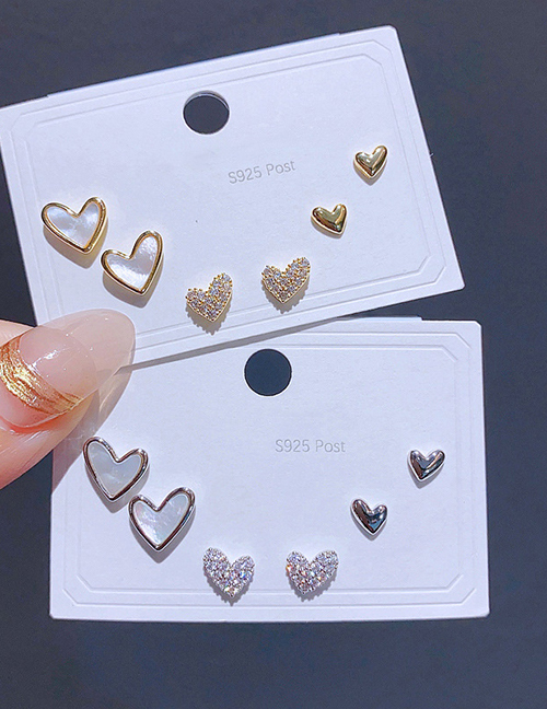 Fashion Silver Copper Inlaid Diamond Shell Love Earrings Set