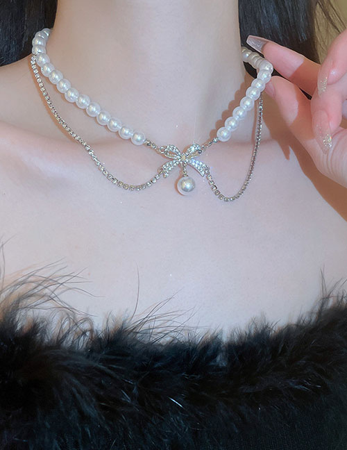 Fashion Necklace-silver (flat Su) Geometric Diamond Inlaid Bow Pearl Skewers Pearl Flow Soviet Necklace