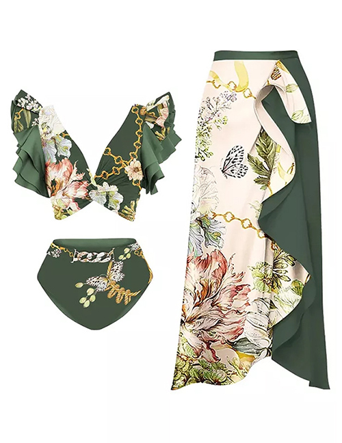 Fashion Green Skirt Polyester Printing Lotus Leaf Beach Skirt