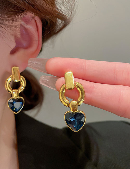 Fashion Blue Metal Inlaid Diamond Love Ear Rings Earrings
