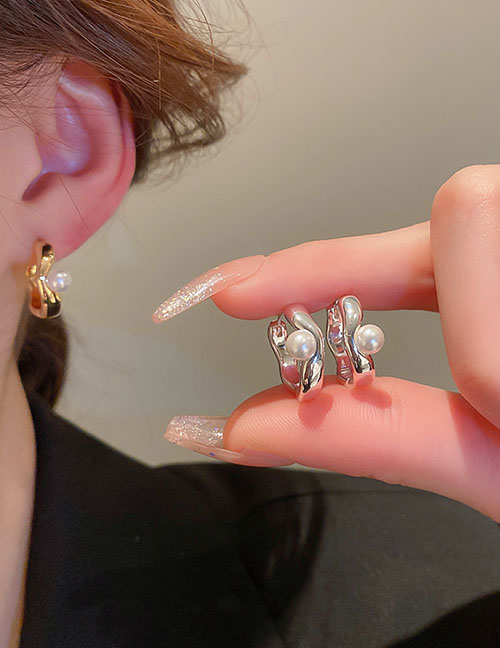 Fashion Ear Buckle-silver (real Gold Plating) Copper Inlaid Pearl Round Ear Ring