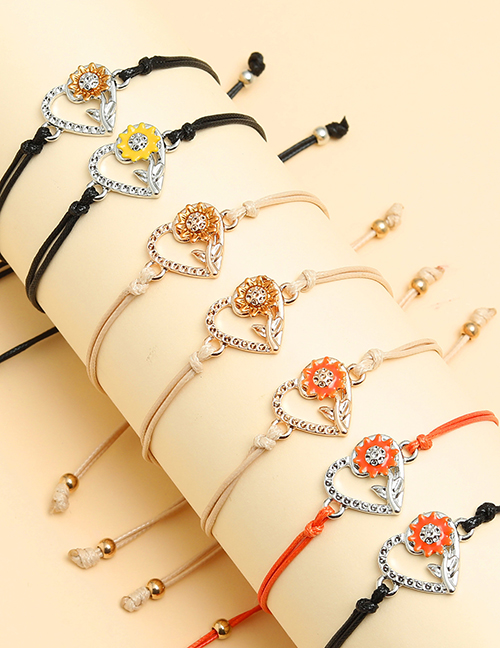 Fashion Black+khaki+orange Alloy Heart Flower Cord Bracelet Set