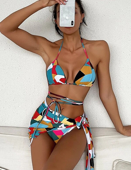 Fashion Checkered Print Polyester Printed Halter Neck Ties Two-piece Swimsuit Three-piece Set