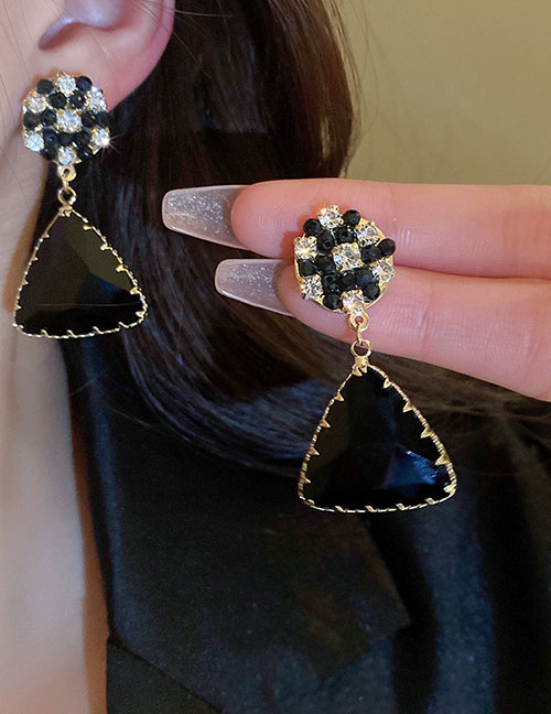 Fashion Black Geometric Diamond Triangular Crystal Drop Earrings