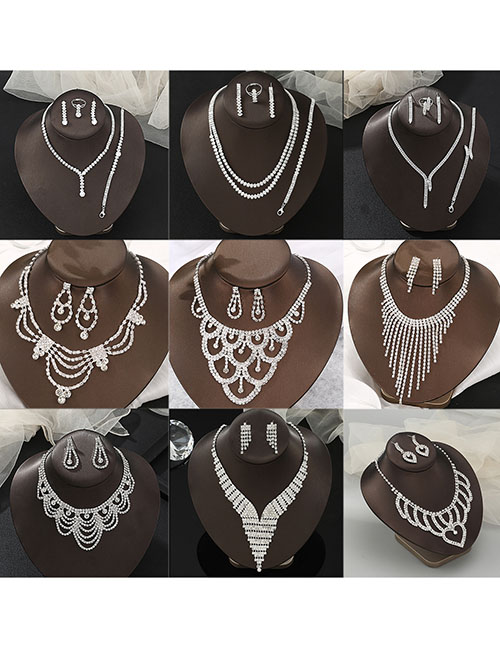 Fashion 11# Metal Diamond Tassel Necklace Earrings Set