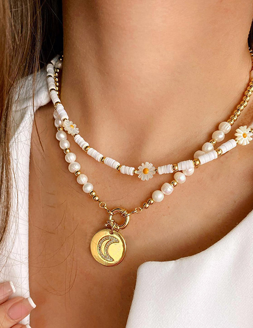 Fashion 1# Clay Pearl Beaded Flower Moon Double Layer Necklace