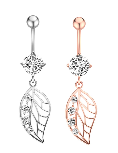 Fashion Rose Gold Titanium Steel Diamond Studded Leaf Piercing Navel Nail