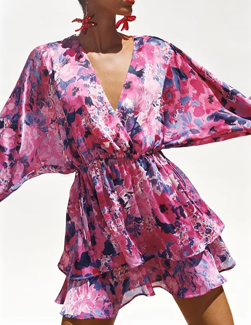 Fashion Color Polyester Printed V-neck Layered Dress