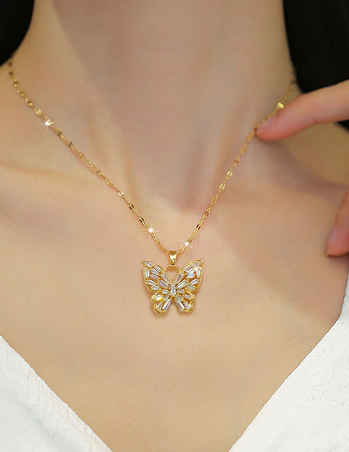 Fashion Gold Titanium Steel Inlaid Zirconium Butterfly Necklace