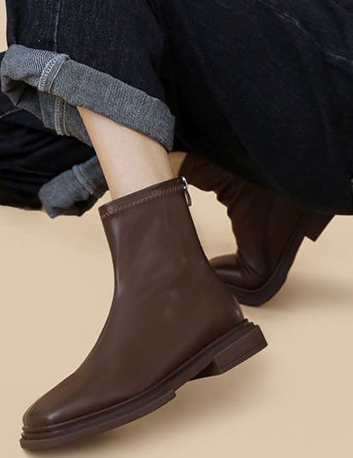 Fashion Brown Square Toe Soft Bottom Side Zip Booties