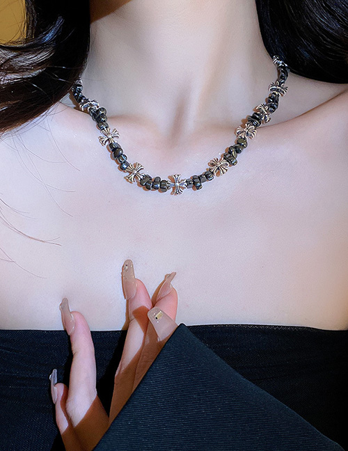 Fashion 1# Necklace - Black Gallstone Alloy Black Gallstone Beaded Cross Necklace