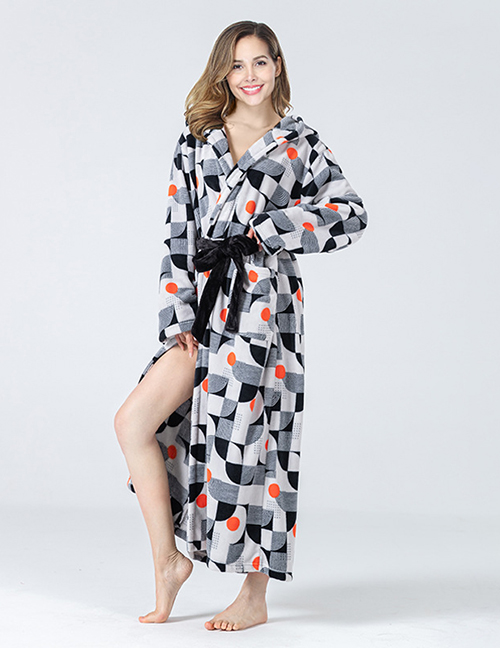 Fashion Geometric Patterns Flannel-print Lace-up Hooded Robe