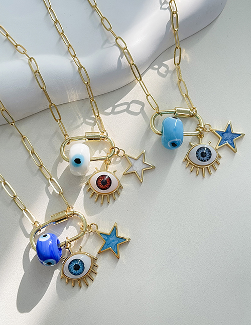 Fashion Blue Copper Resin Eye Drop Oil Pentagram Paperclip Buckle Pendant Necklace
