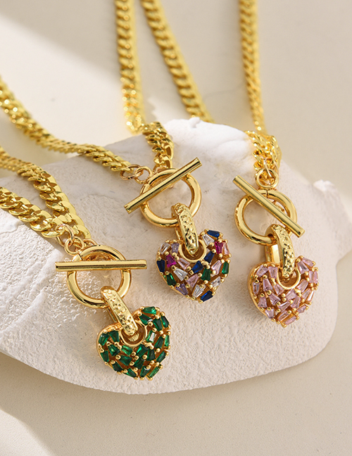 Fashion Color Copper Inlaid Zirconium Heart Ot Buckle Pendant Twist Chain Necklace