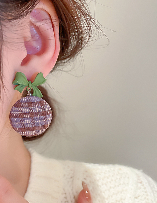 Fashion Green Fabric Check Round Bow Earrings