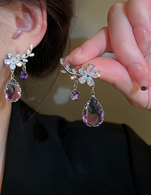 Fashion Purple Geometric Zirconium Branch Flower Earrings