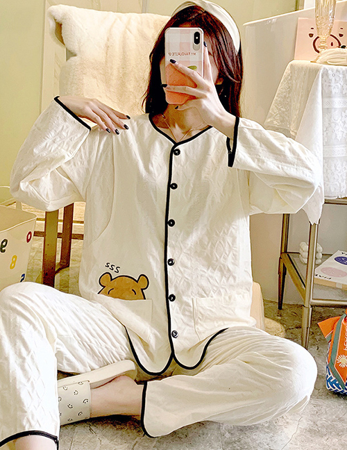 Fashion Face Cover Bear White Cotton Cartoon Maternity Pajamas Set