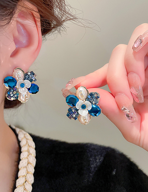 Fashion Blue Geometric Crystal Flower Stud Earrings