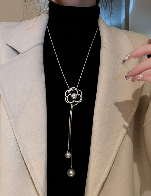 Fashion Necklace - Black Alloy Drop Oil Pearl Flower Necklace