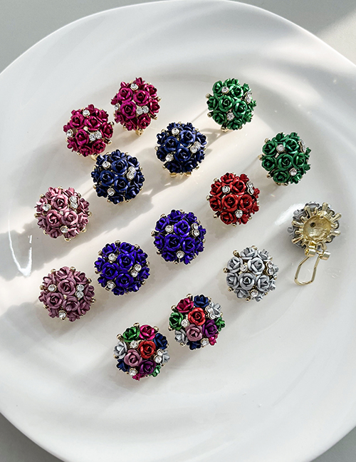 Fashion Color Alloy Diamond Flower Round Stud Earrings