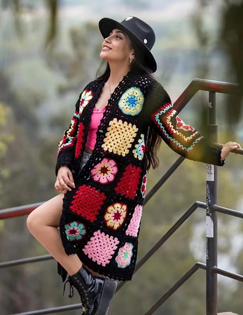Fashion Color Handmade Grandmother Flower Knitted Long Cardigan