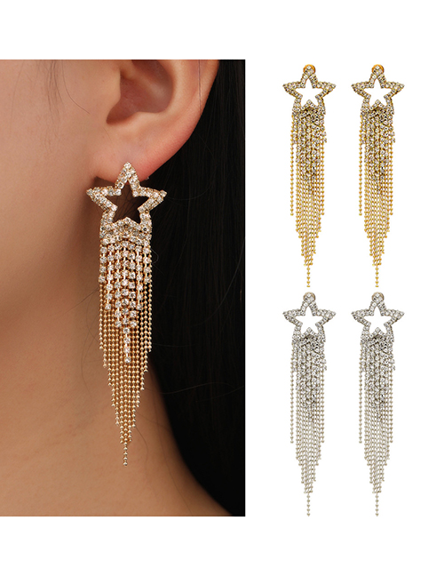 Fashion Silver Diamond Pentagram Long Chain Chain Streaming Earrings