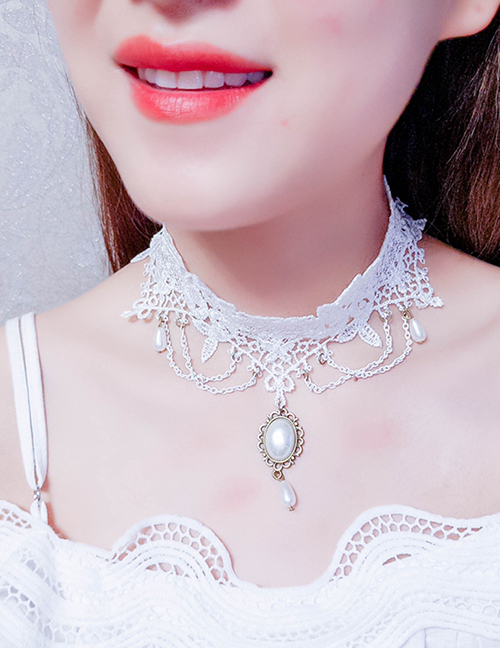 Fashion White Geometric Chain Pearl Tassel Lace Necklace