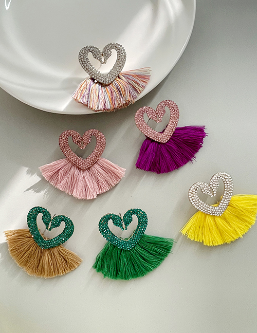 Fashion Green Alloy Diamond Heart Tassel Earrings