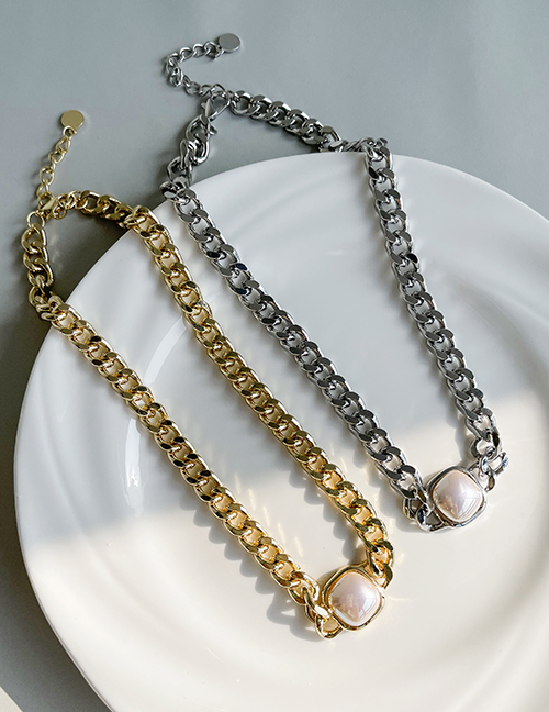 Fashion Silver Alloy Pearl Square Thick Chain Necklace
