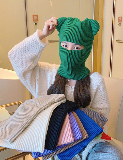 Fashion Beige Knit Masked Bear Ears Beanie Hat Bib Set