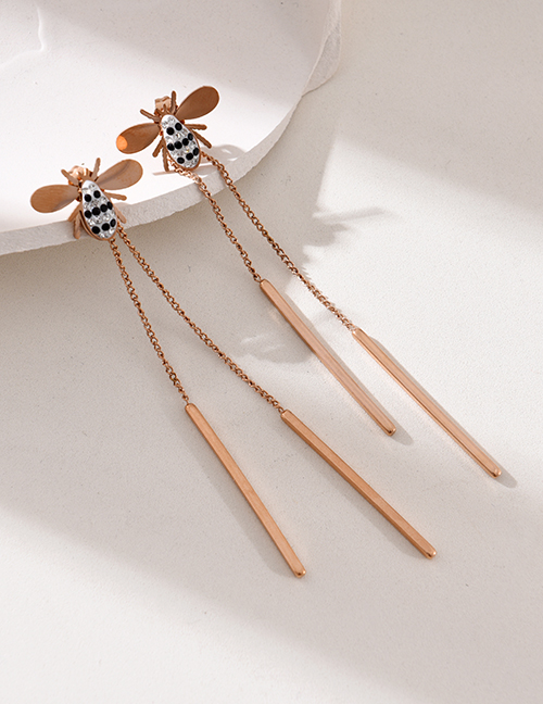 Fashion Rose Gold Titanium Steel Inlaid Zirconium Bee Pendant Chain Earrings