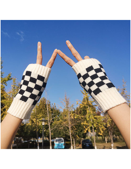 Fashion Yellow Checkerboard Knit Half Finger Gloves