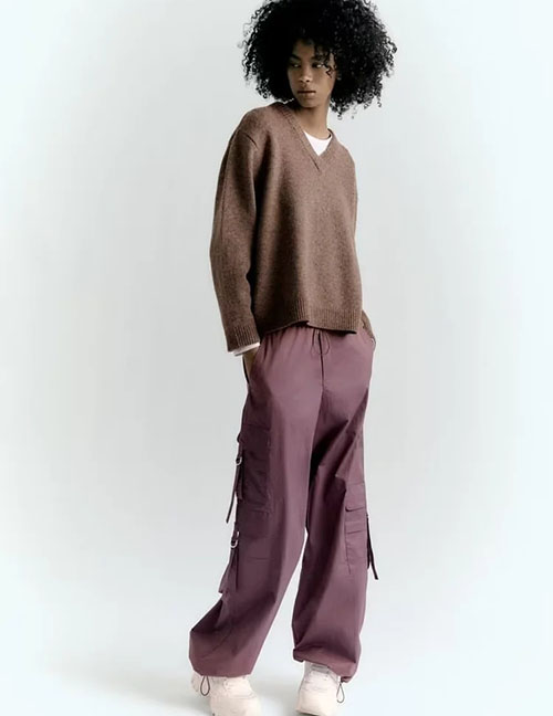Fashion Purple Woven Multi-pocket Blouson Trousers
