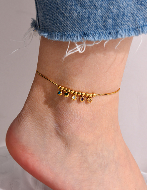 Fashion Gold Titanium Steel Inlaid Zirconium Bead Tassel Anklet