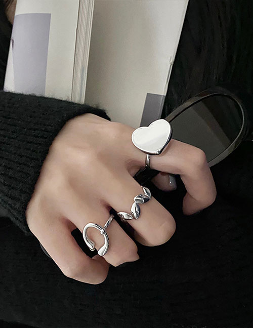Fashion Ring - Silver (set Of 3) Metal Geometric Heart Leaves Ring Set
