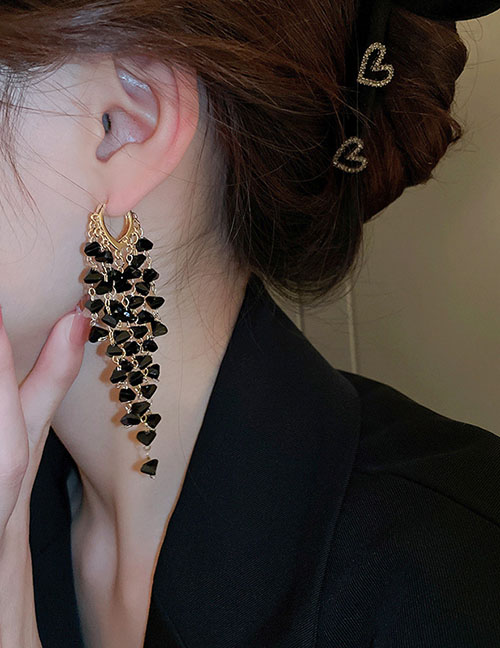 Fashion Black (tassel) Crystal Tassel Hoop Earrings