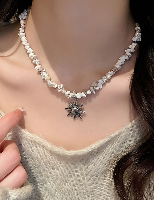 Fashion Necklace - White Geometric Stone Beaded Sun Necklace